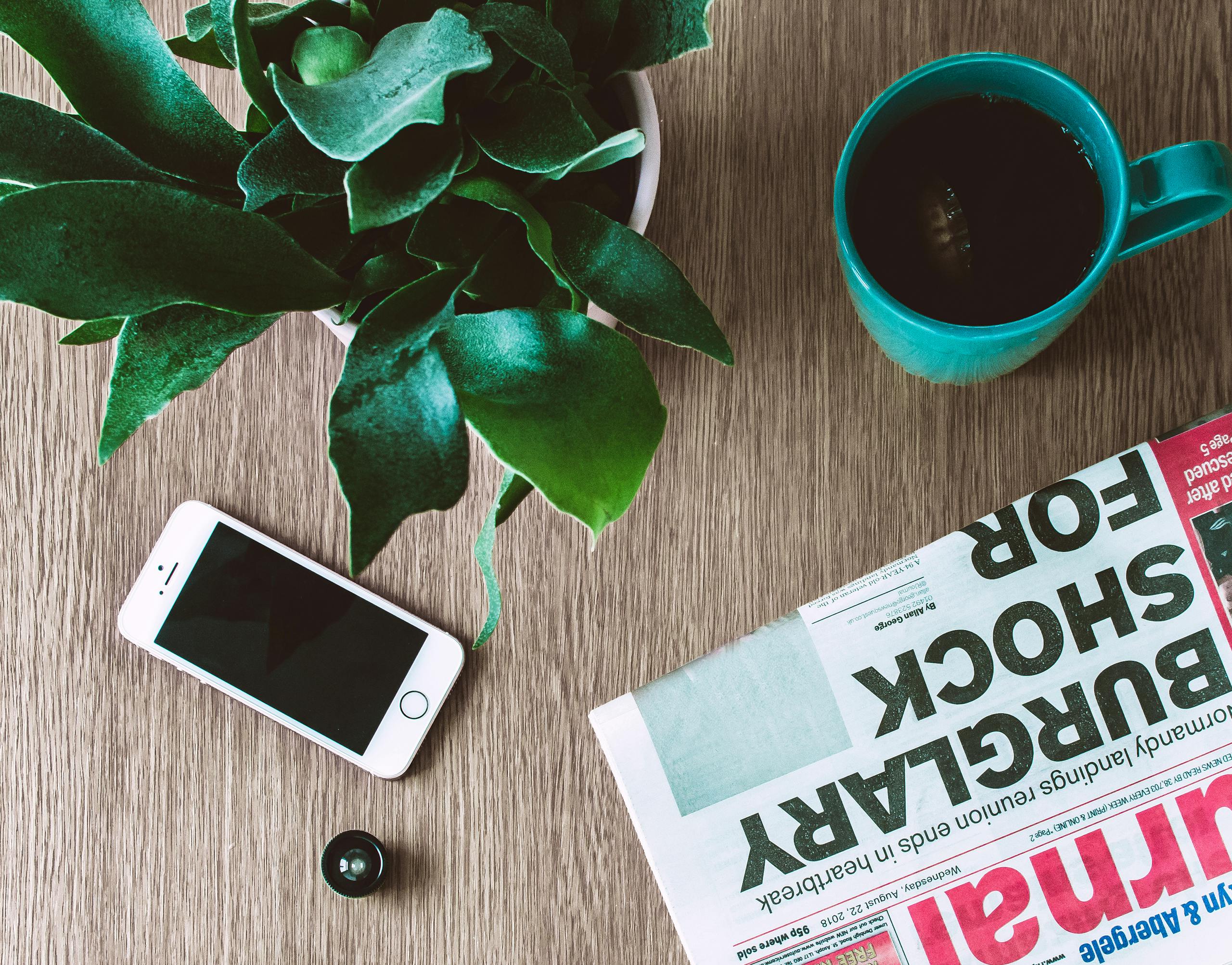 Flat lay arrangement of a coffee mug, newspaper, smartphone, and plant on a wooden table.