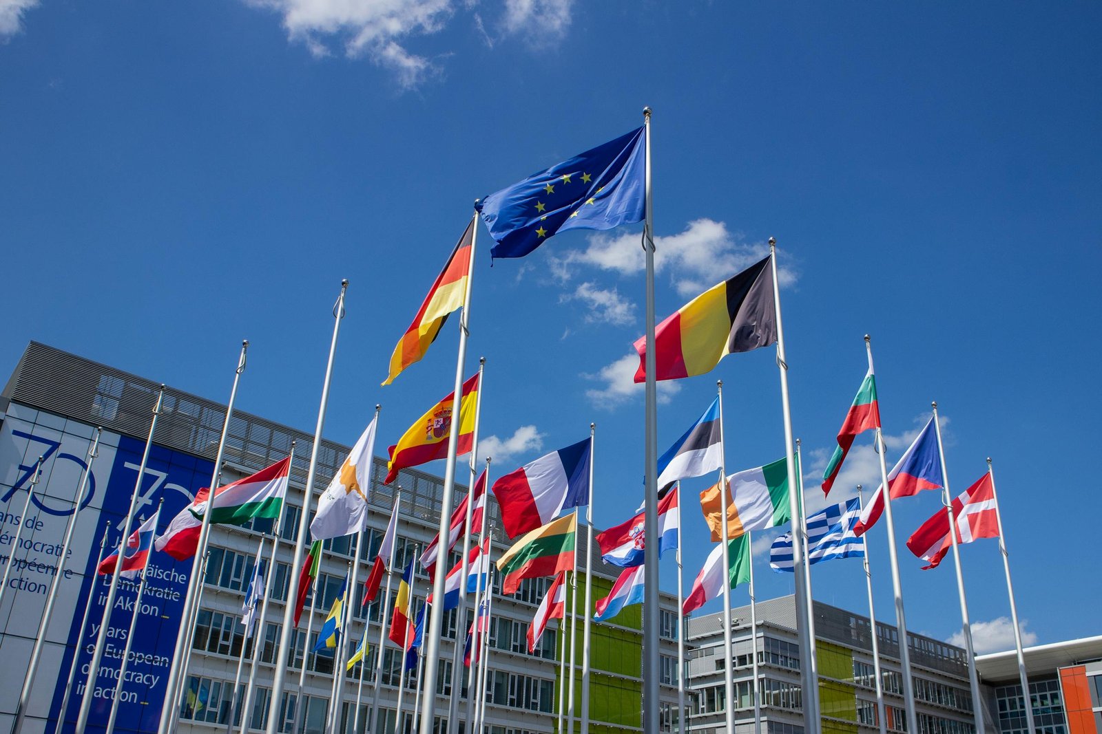 Low angle view of European Union flags on flagpoles against a blue sky, symbolizing unity.