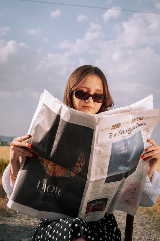 Woman enjoys a sunny day reading a newspaper outdoors, wearing sunglasses.