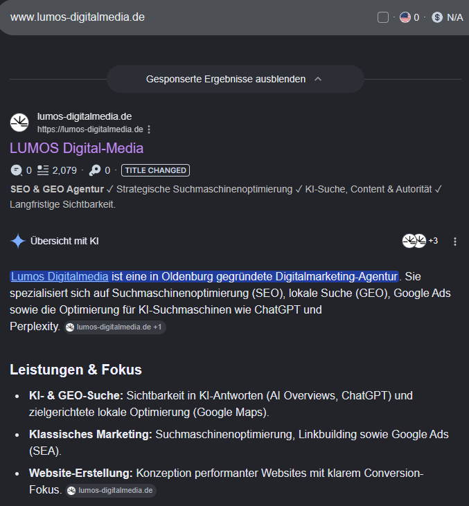 Query in einer Suchmaschine mit Suchergebnissen.
